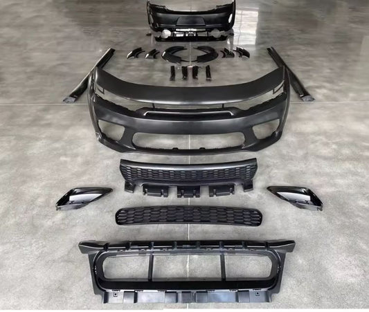 Complete Dodge Charger SRT-style Hellcat widebody kit with front bumper, fender flares, side skirts, and rear diffuser — available at OneCarWorld.