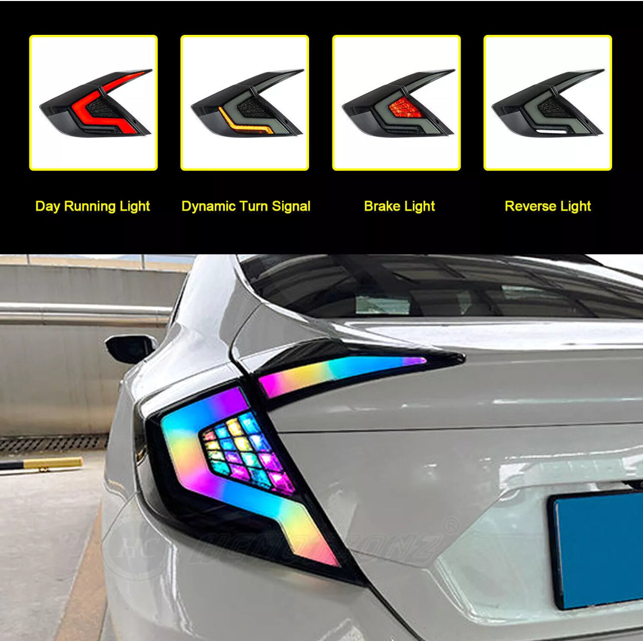 LED Tail Lights for Honda Civic 2016-2021 RGB Taillights Assembly for Honda Civic 10th Gen 2016/2017/2018/2019/2020/2021 Sequential Turn Signal, DRL,High & Low Beam Plug & Play (Sedans Only)