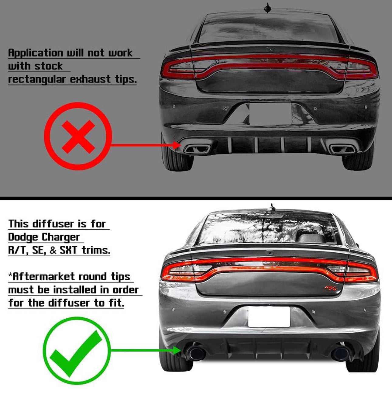 Rear Bumper Diffuser Compatible with 2015-2023 Dodge Charger Base & SXT, SE, R/T, GT, Enforcer, Pursuit & Fits 2019-2023 Dodge Charger SXT Trim Rear Bumper Lip Diffuser Splitter Gloss Black PP - ONECARWORLD