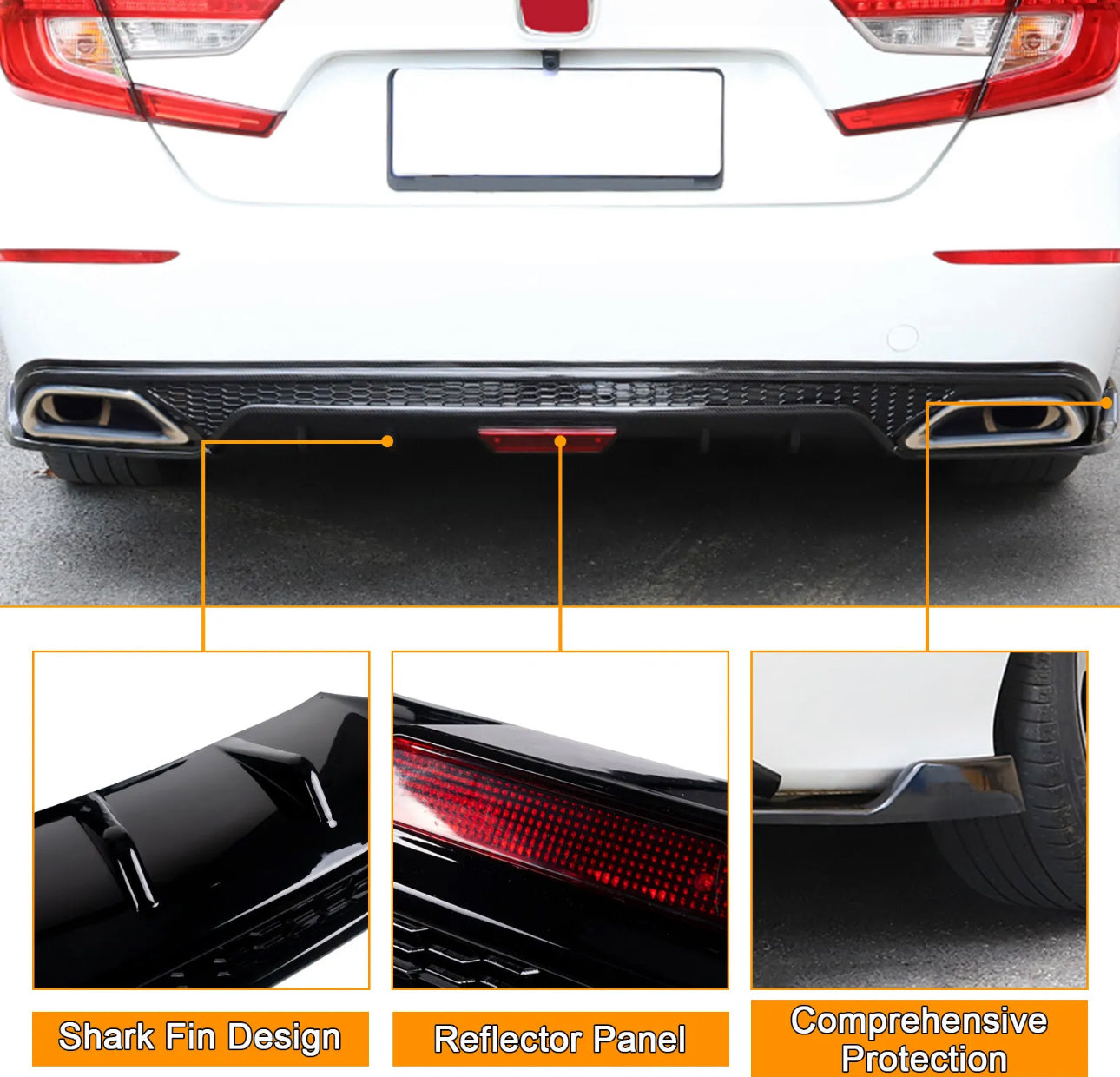 2018-2021 Honda Accord Diffuser with W/LED Brake Light Rear Bumper Diffuser Lip + Corner Apron Spats Glossy Black Rear Bumper Lip - ONECARWORLD