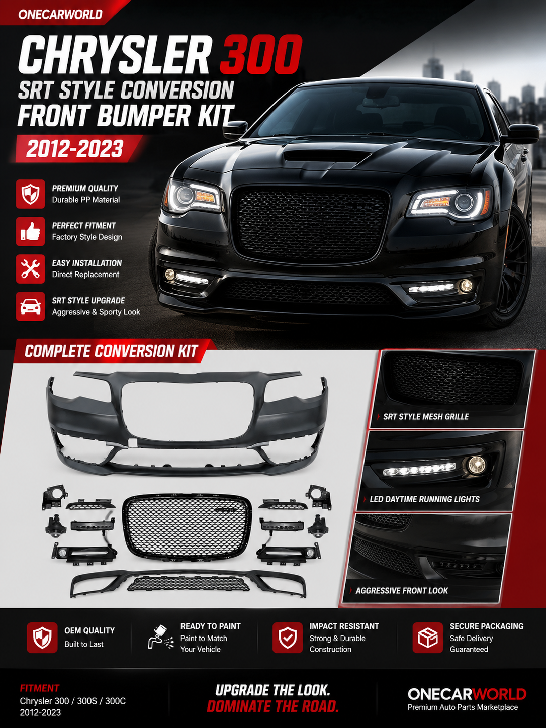Chrysler 300 / 300C SRT Style Front Bumper Conversion Kit 2012-2023 Glossy Black | Onecarworld