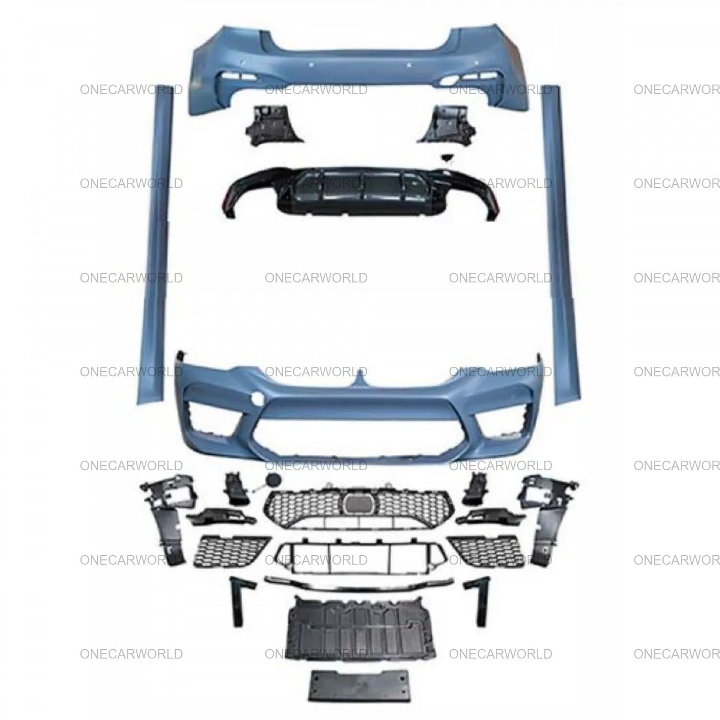 Full set of unpainted polypropylene M5-style body kit parts for BMW 5 Series G30/G38 (2017–2023), including front and rear bumpers, side skirts, grilles, and trim pieces.