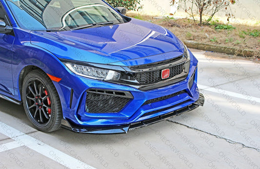 Blue Honda Civic with glossy RS style front bumper and black front lip installed, featuring mesh grilles and red emblem for a sporty, custom appearance – OneCarWorld