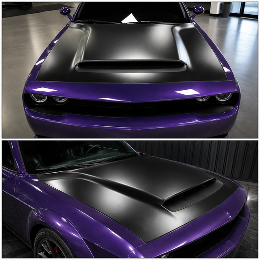 Front and angled view of a Dodge Challenger equipped with a matte black Demon Style Aluminum Hood featuring a functional air scoop, lightweight aluminum construction, and OEM-style fitment for 2008-2023 models.