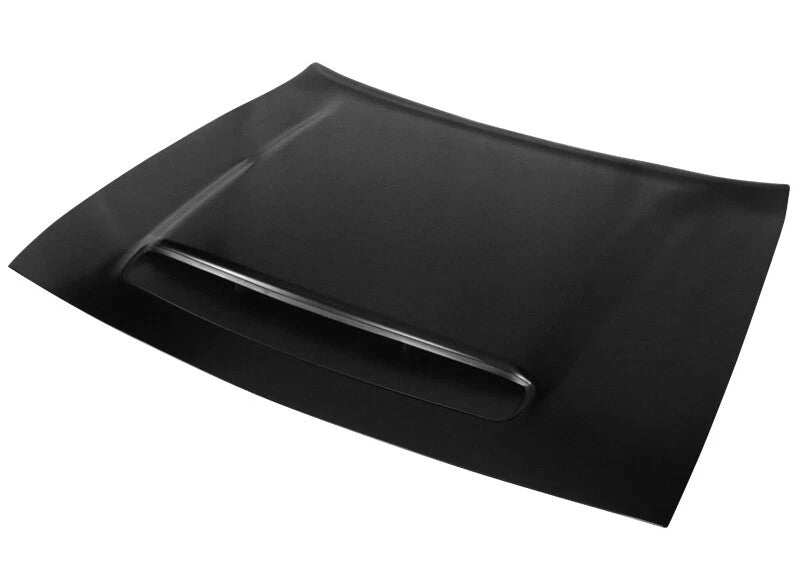 Matte black Dodge Challenger Demon Style Aluminum Hood featuring a functional air scoop, lightweight aluminum construction, and OEM-style fitment for 2008-2023 Challenger models.