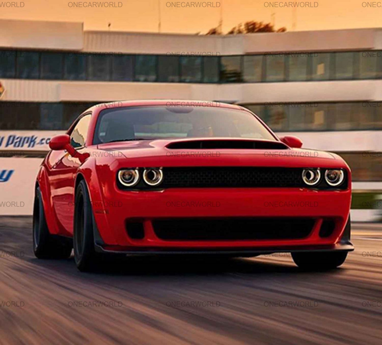 Dodge Challenger Demon Style Front Bumper with Lip, Fender Flares 2015-2023 | Polypropylene | Unpainted Black OneCarWorld