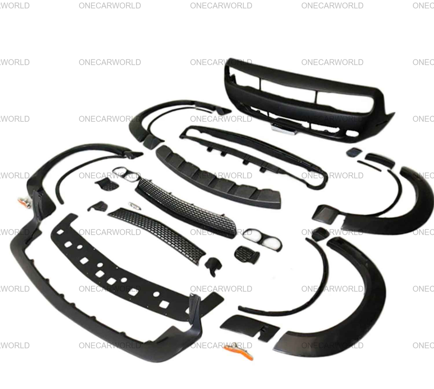 Dodge Challenger Demon Style Front Bumper with Lip, Fender Flares 2015-2023 | Polypropylene | Unpainted Black OneCarWorld