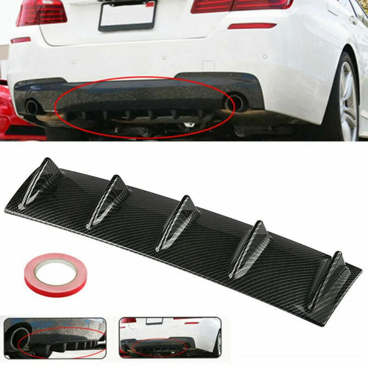 Rear Bumper Diffuser 7Fin Spoiler Lip Wing Splitter Universal Glossy Black - ONECARWORLD