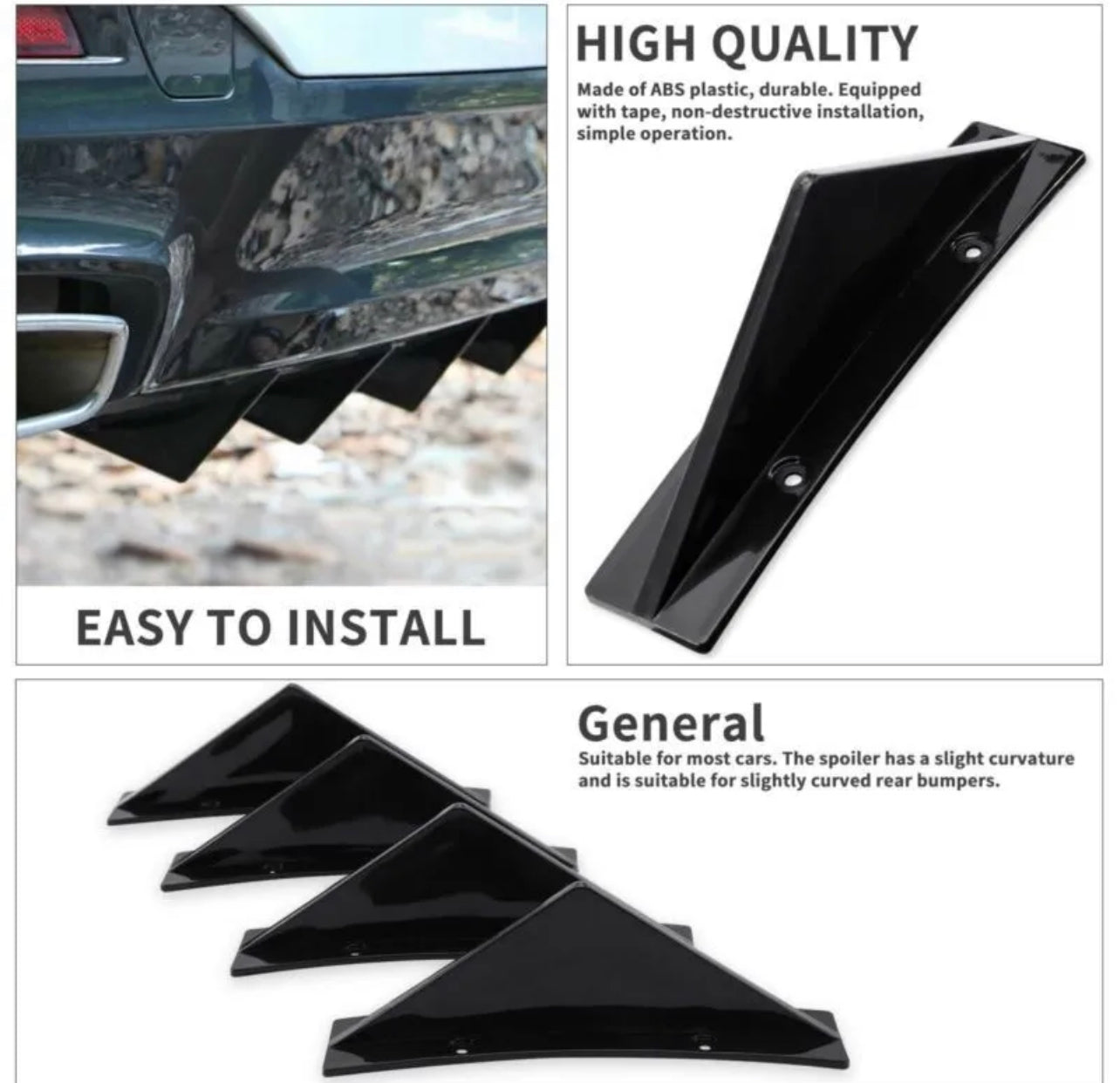 4Pcs Car Rear Bumper Diffuser Shark Fin Curved Spoiler Lip Wing Splitter ABS - ONECARWORLD