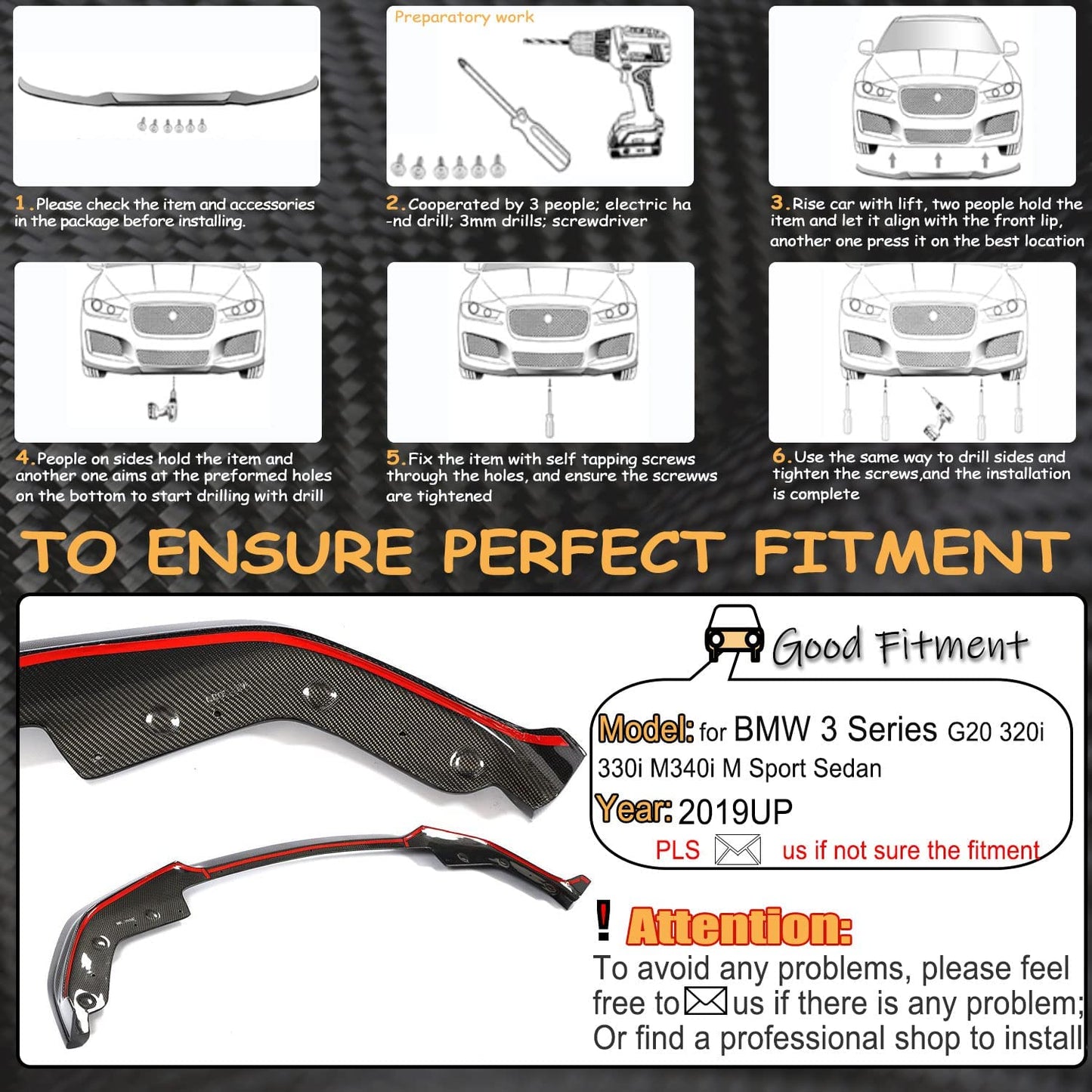 Front Lip for 2019-2022 BMW G20 G28 3 Series M Sport, Painted Gloss Black Front Bumper Spoiler - 3pcs - ONECARWORLD