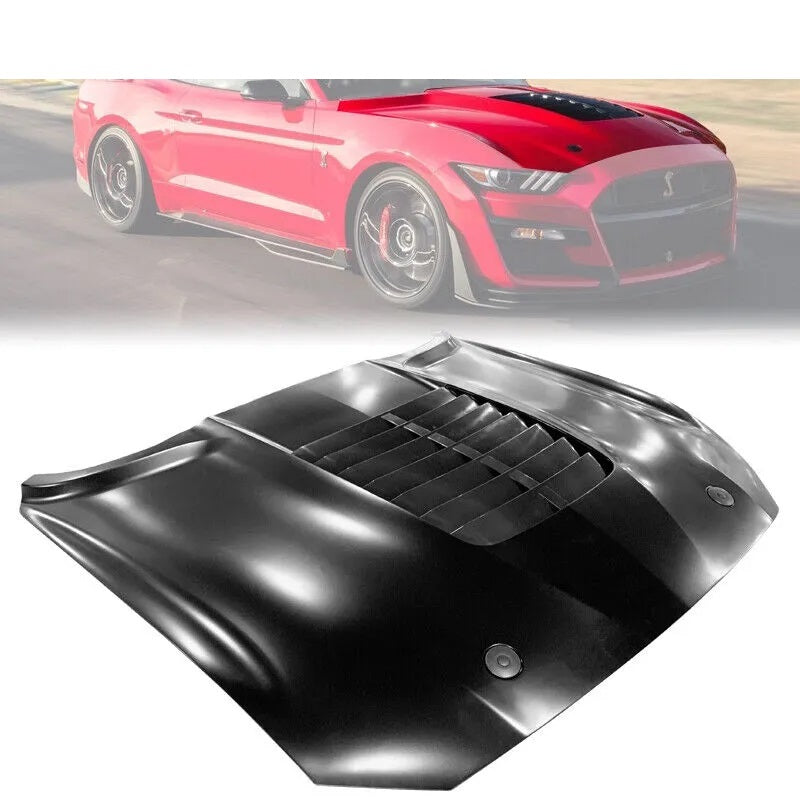 Front view of a red 2015–2017 Mustang with a GT500 style hood and a close-up of the hood’s design, showcasing vented louver styling available at OneCarWorld.