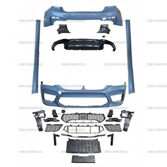 Complete M5-style body kit layout for BMW 5 Series G30/G38 showcasing front/rear bumpers, grilles, side skirts, and install-ready components.