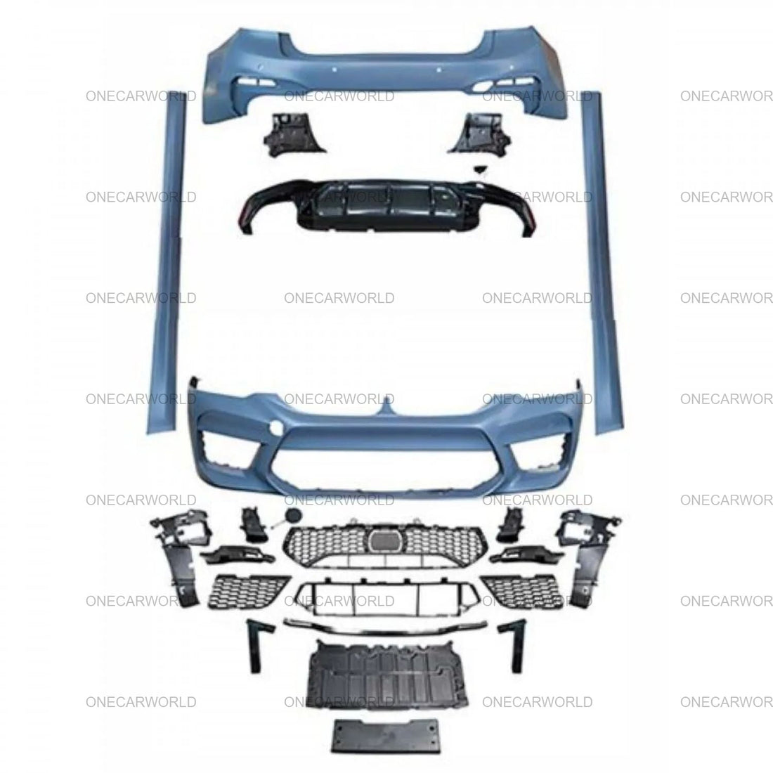 Complete M5-style body kit layout for BMW 5 Series G30/G38 showcasing front/rear bumpers, grilles, side skirts, and install-ready components.