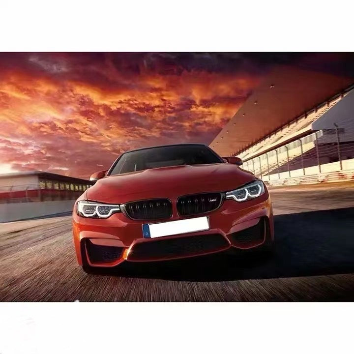 BMW 4 Series F32 coupe upgraded with M4 body kit on track, captured at sunset with a bold front-end transformation.