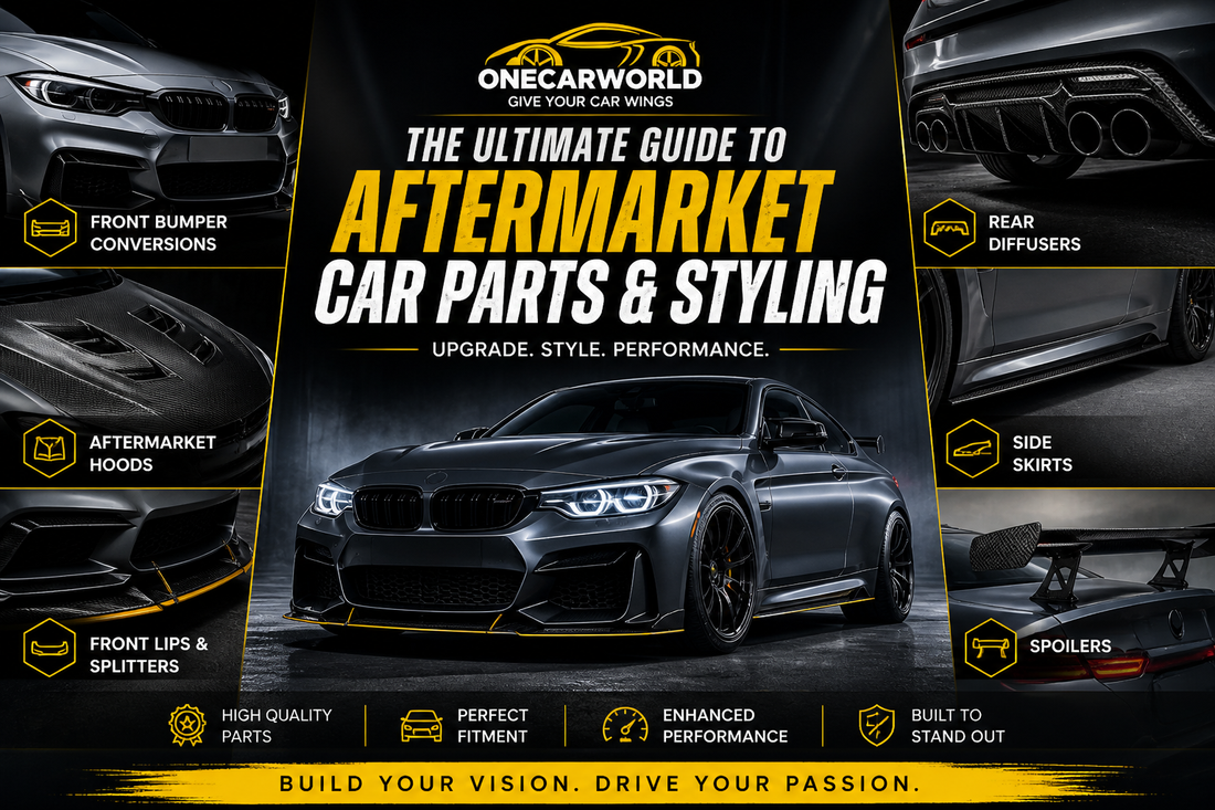 OneCarWorld aftermarket car parts and styling guide hero image featuring modified sports car with front bumper conversions, rear diffusers, aftermarket hoods, front lips, side skirts, and spoilers