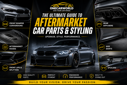 OneCarWorld aftermarket car parts and styling guide hero image featuring modified sports car with front bumper conversions, rear diffusers, aftermarket hoods, front lips, side skirts, and spoilers