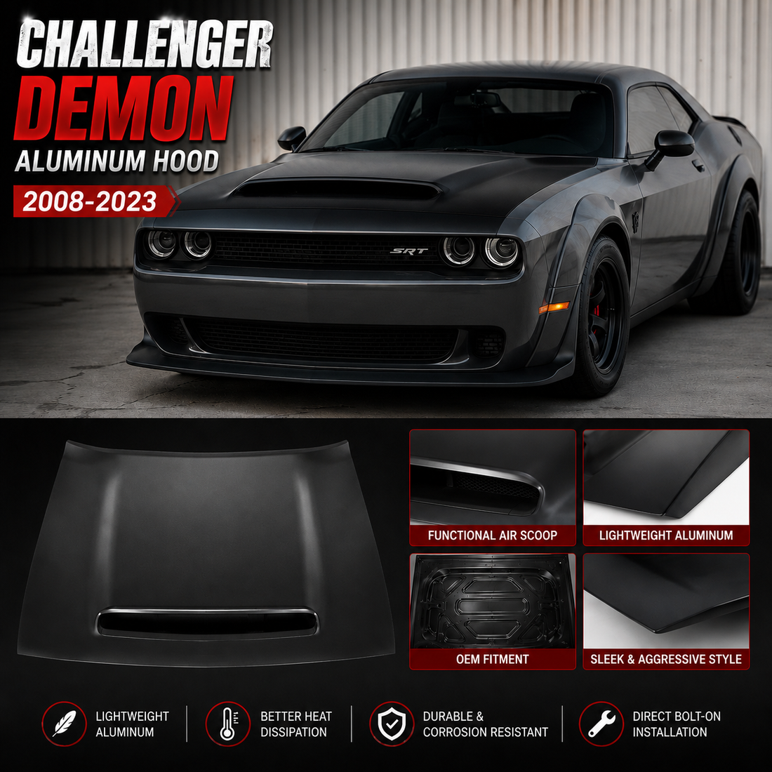 Matte black Dodge Challenger Demon Style Aluminum Hood for 2008-2023 models featuring functional air scoop, lightweight aluminum construction, OEM fitment, and aggressive muscle car styling.