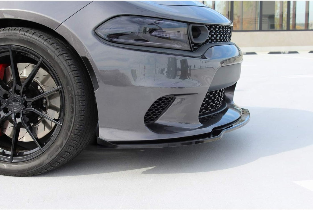 Gloss black Charger front splitter V3 style installed on 2015–2023 SRT bumper in Canada
