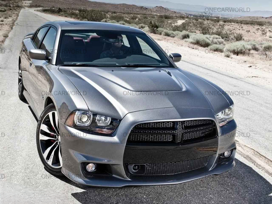 Dodge Charger 2008–2014 upgraded with a sleek SRT-style aluminum hood parked on a desert road
