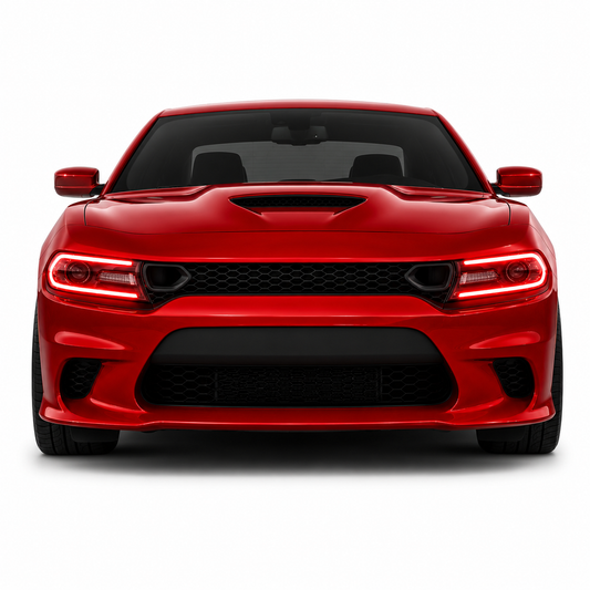Front view of a red Dodge Charger featuring an SRT Style Front Bumper Conversion Kit installed on a 2015-2023 Scat Pack, SRT 392, or Hellcat non-widebody model.