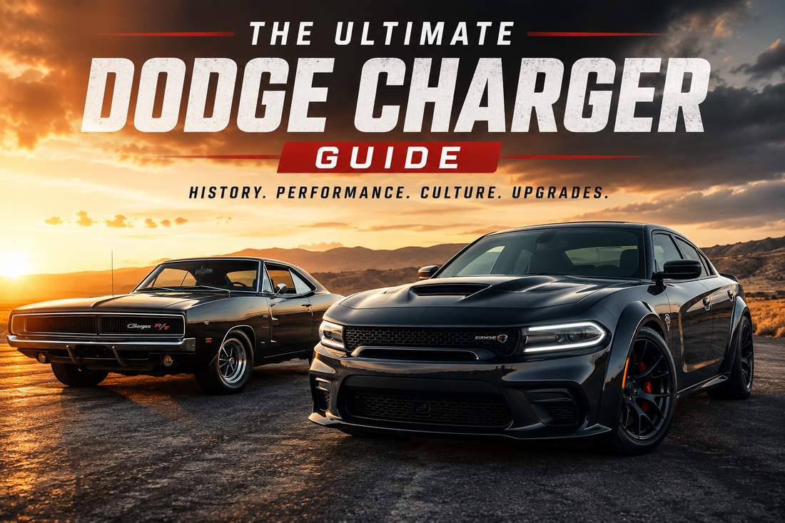 Classic Dodge Charger parked beside a modern Dodge Charger Hellcat at sunset, showcasing the evolution of Dodge muscle car design from the late 1960s to the modern era.