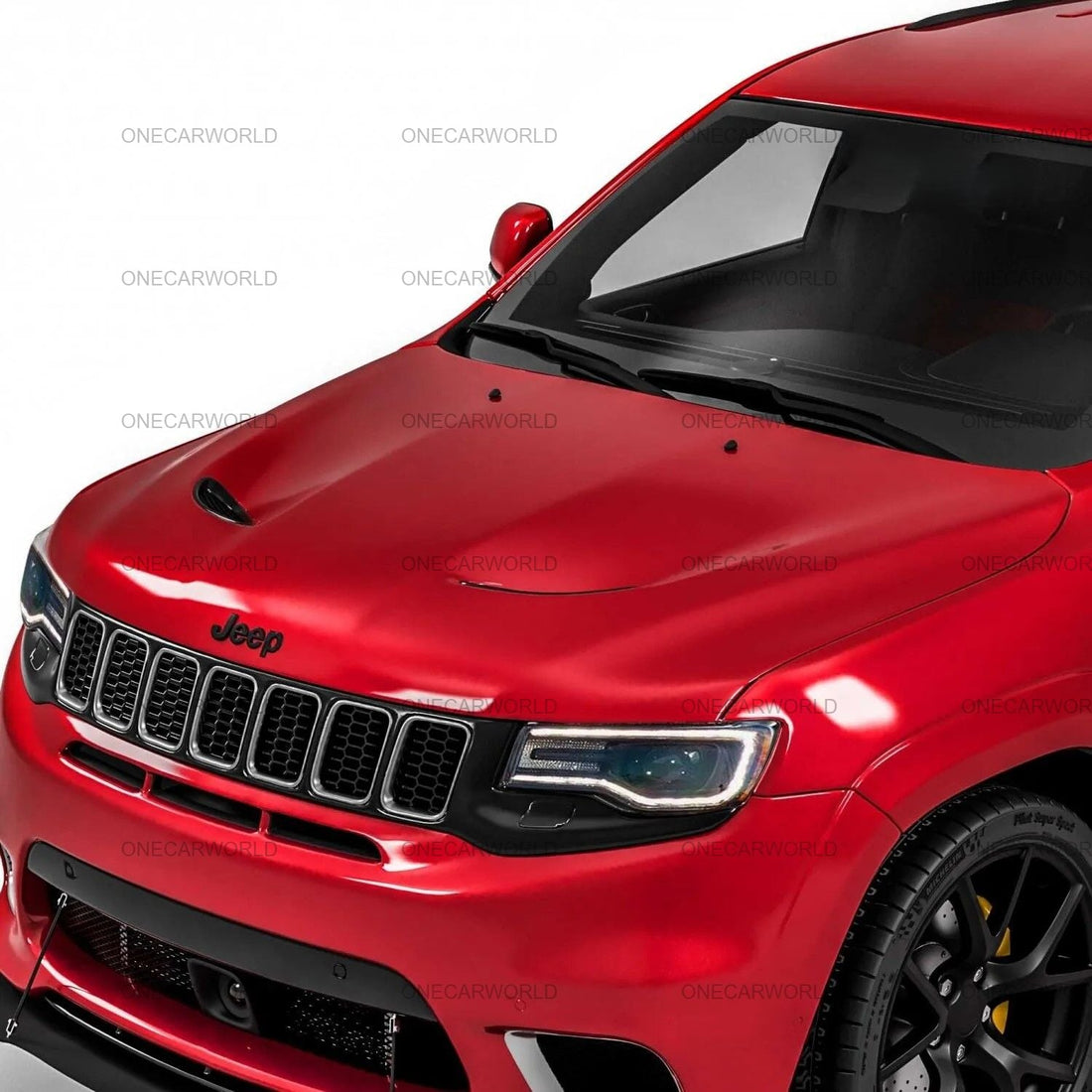 Front view of 2016–2023 Jeep Grand Cherokee with Trackhawk style aluminum hood upgrade featuring performance vent and aggressive styling