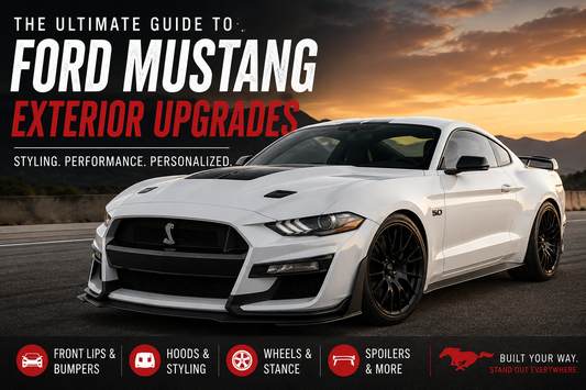White Ford Mustang with GT500-style exterior upgrades featuring an aggressive front bumper, performance hood, front lip, and rear spoiler, showcasing popular Mustang exterior modifications.