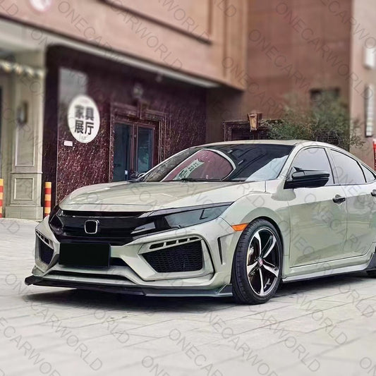 Modified Honda Civic featuring a sleek RS style front bumper, professionally painted, parked outside