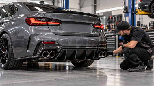 Mechanic inspecting the fitment of an aftermarket rear diffuser on a sporty sedan in a professional automotive workshop.
