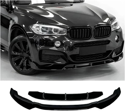 Gloss black front lip spoiler installed on a car – enhances aerodynamics and sporty design, available from OneCarWorld.