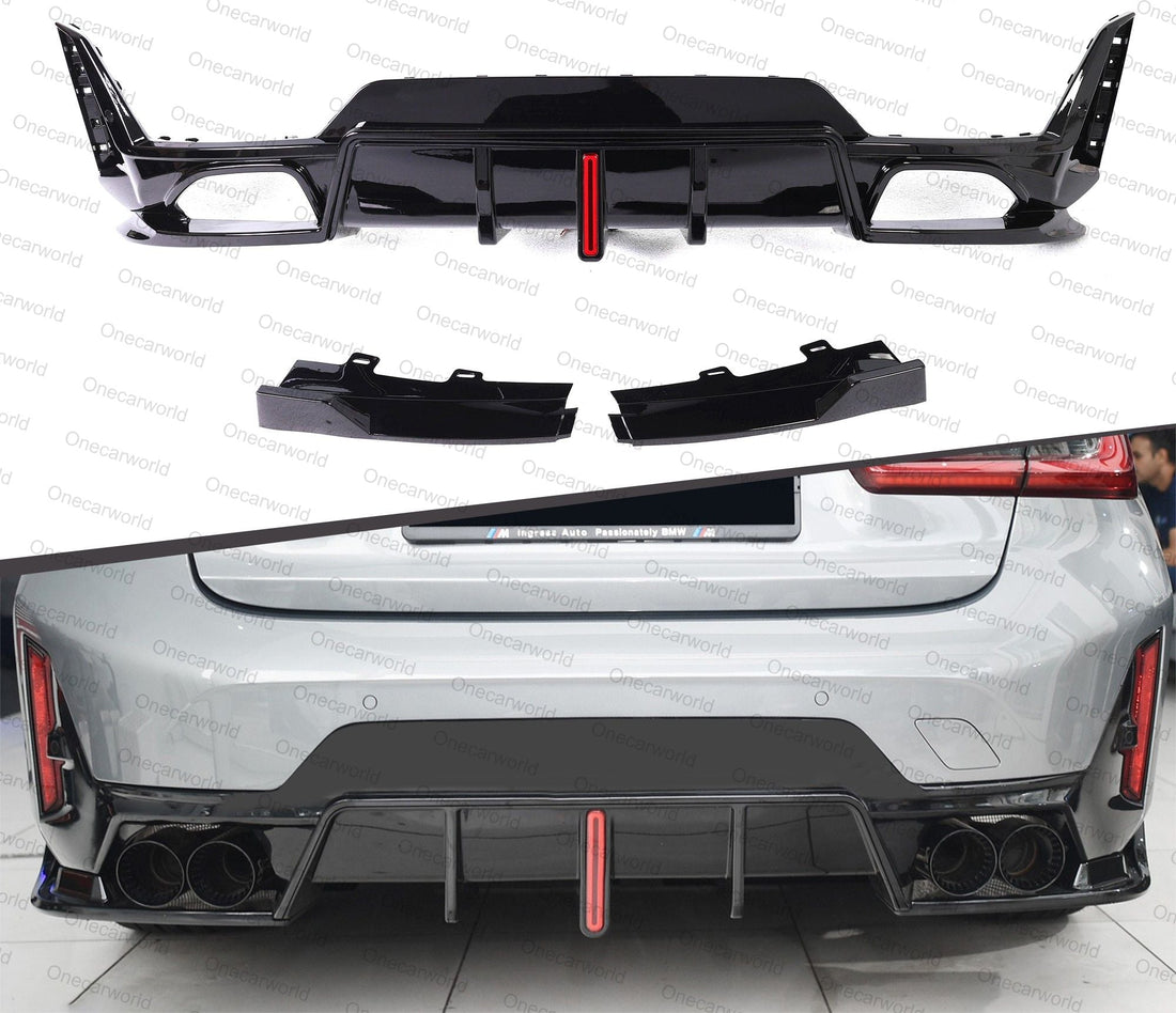 Gloss black BMW G20 rear diffuser with centre light and rear canards installed on a 2023+ BMW 330i or M340i