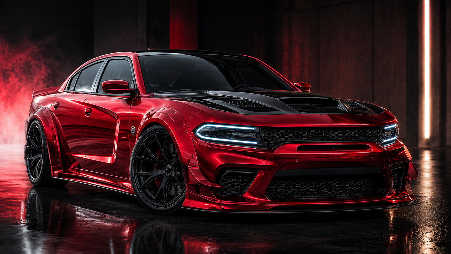 Modern red Dodge Charger with Hellcat-style widebody kit, black SRT Redeye-style hood, aggressive front bumper, and aftermarket exterior upgrades.