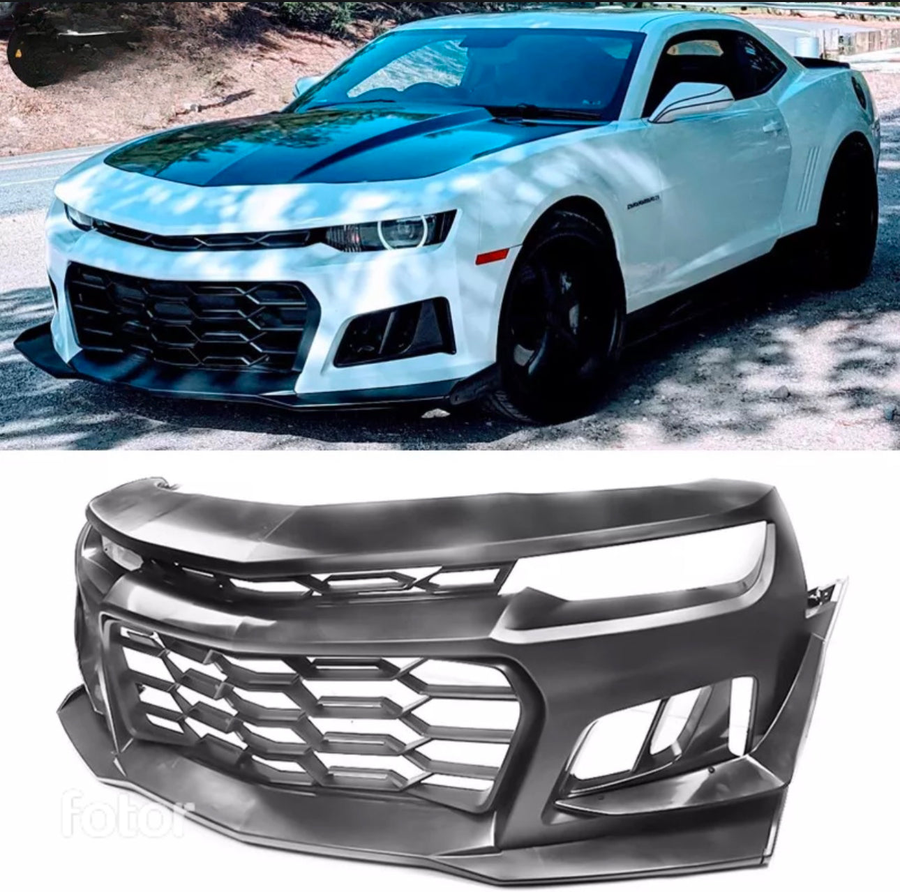 1LE style front bumper for 2014–2015 Chevy Camaro shown installed on white Camaro and standalone view – available at OneCarWorld