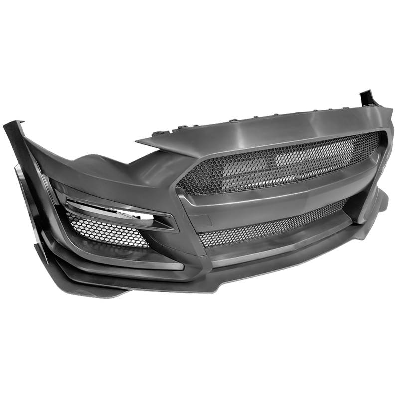 Close-up image of the 2018–2022 Ford Mustang GT500 front bumper conversion kit, showing the detailed grille design, aerodynamic styling, and high-quality construction.