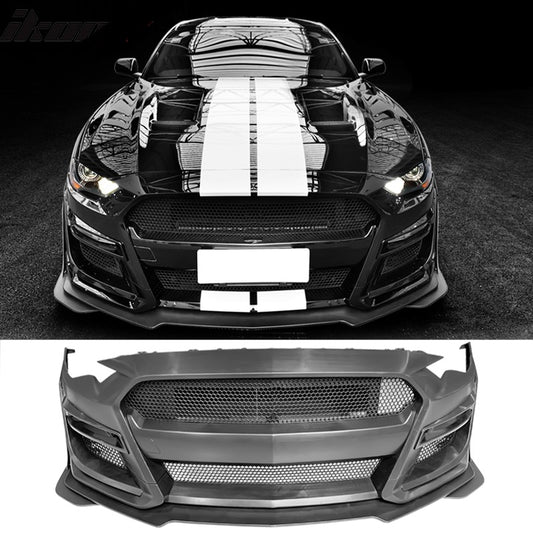 Main product image showing the 2018–2022 Ford Mustang with a Shelby GT500 front bumper conversion installed, featuring an aggressive grille design, aerodynamic splitter, and precision fitment — includes close-up of the GT500 bumper kit.