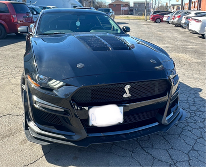 Front view of a black 2018–2022 Ford Mustang with a Shelby GT500 front bumper conversion, showcasing the large honeycomb grille, aggressive lower splitter, and precision fitment.
