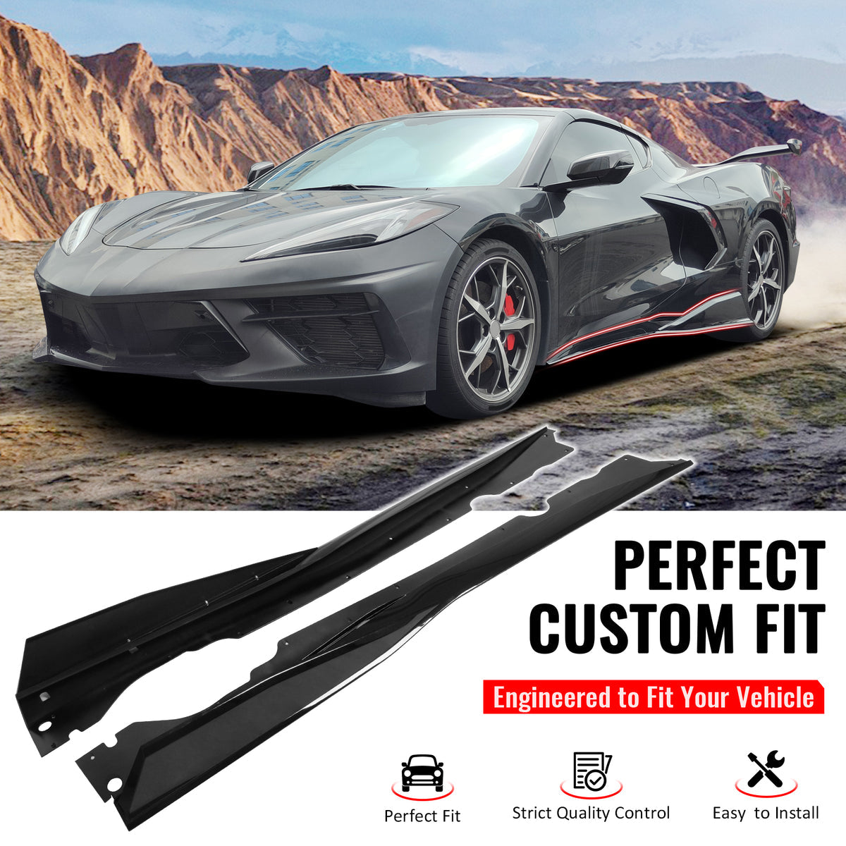 Chevrolet Corvette C8 V1 B Style Gloss Black Side Skirts | 2020-2025 | Premium ABS Aero Side Splitters | Onecarworld