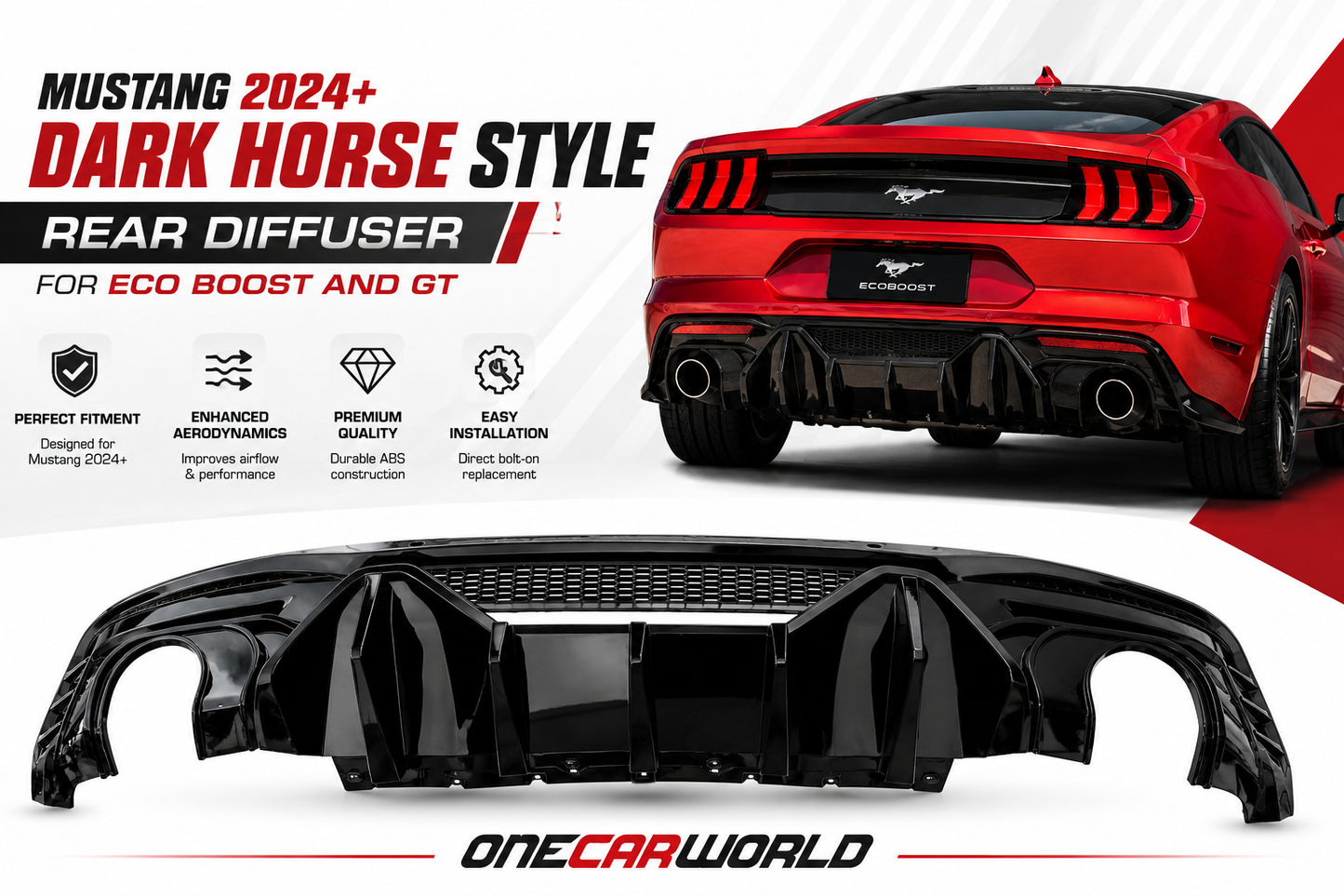 Mustang 2024+ Dark Horse Style Rear Diffuser | Glossy Black | For EcoBoost & GT | OneCarWorld