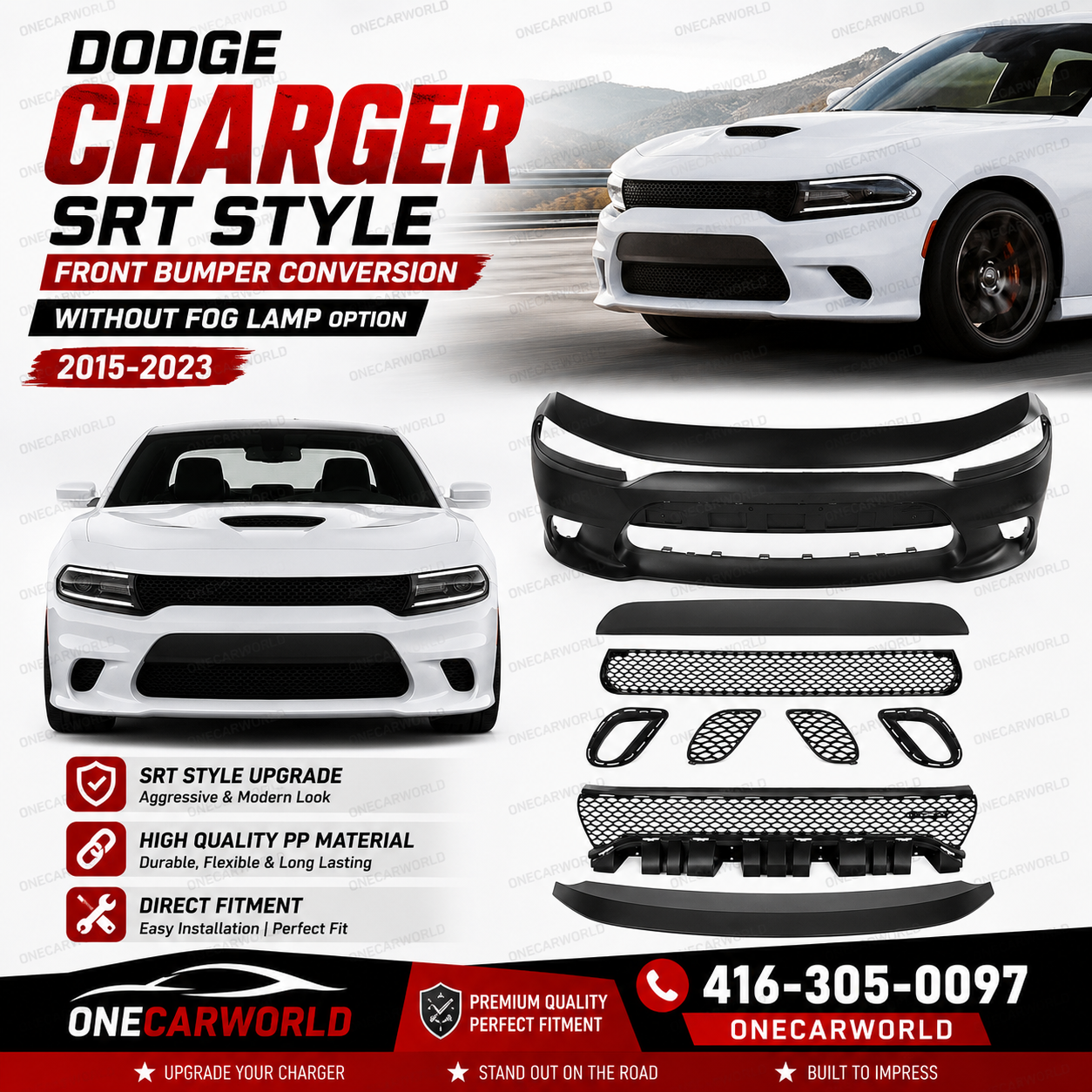 Dodge Charger Front Bumper 2015-2023 SRT Style Conversion Kit Unpainted PP Without Fog Lamp Option Onecarworld