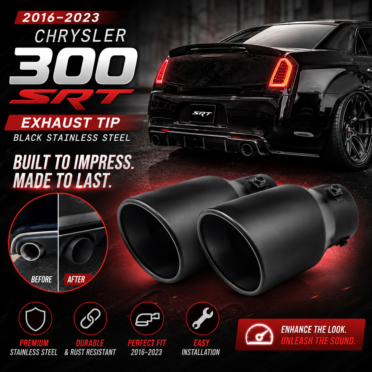 Chrysler 300 2015-2023 SRT Style Round Exhaust Tips Black Stainless Steel Pair Onecarworld