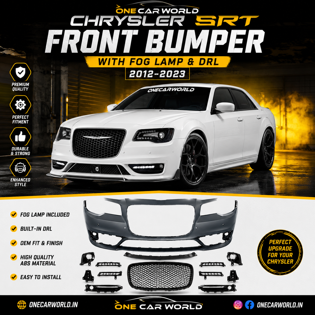 Chrysler 300 SRT 2012-2023 Style Front Bumper Conversion Unpainted PP With Fog Lights & DRL Onecarworld
