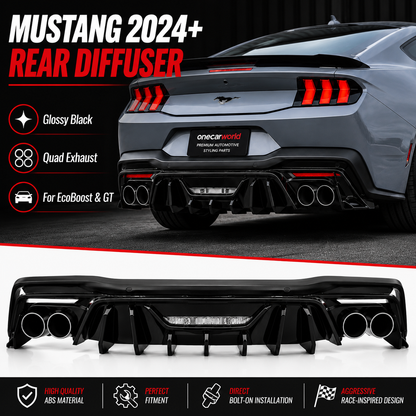 Mustang 2024+ Dark Horse Style Rear Diffuser | Glossy Black | Dual Outlet | For EcoBoost & GT | OneCarWorld