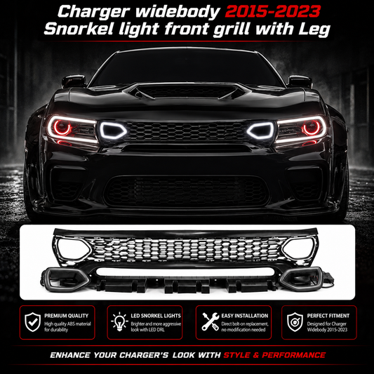 Dodge Charger Widebody Front Grille with LED Snorkel Lights & Legs 2015-2023 Gloss Black | Onecarworld