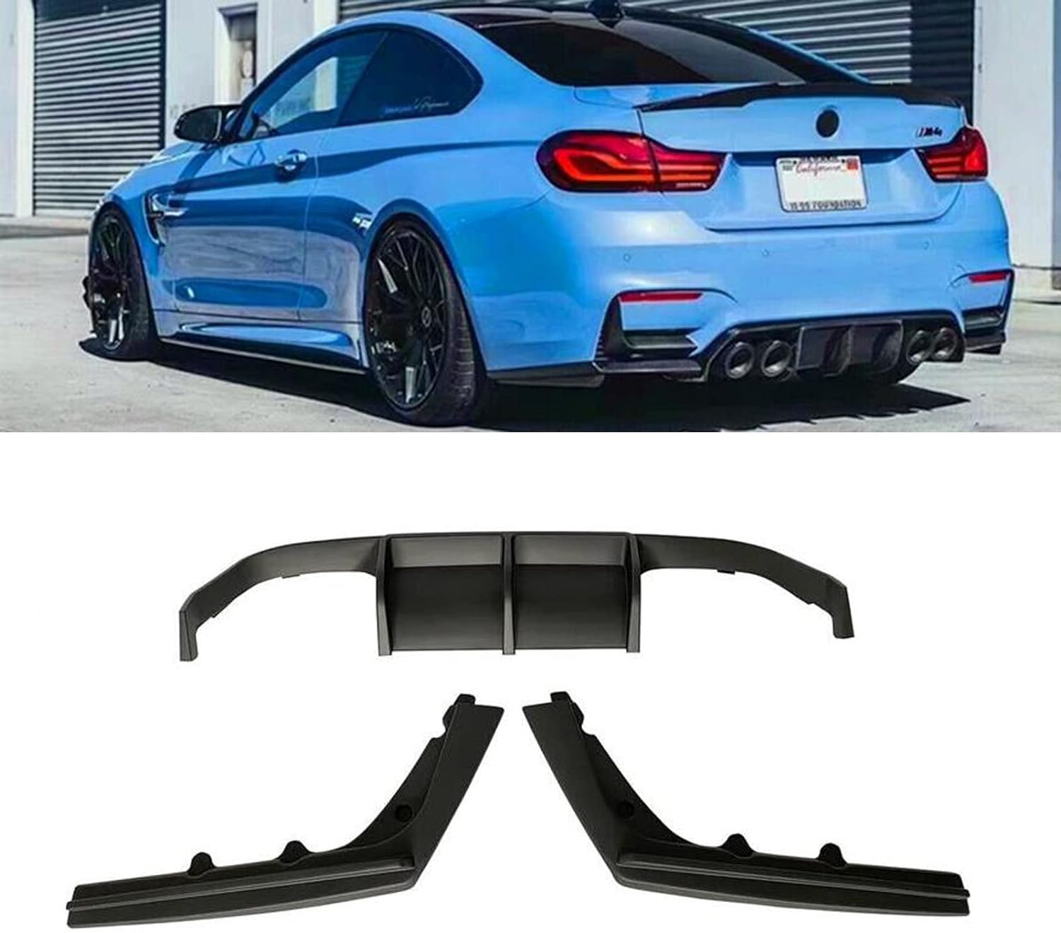 Gloss black rear diffuser and lip kit body upgrade installed on a BMW F80 M3 / F82 F83 M4 2015–2020, featuring quad exhaust cutouts and race-inspired styling.