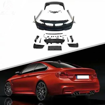 BMW M4 conversion kit components layout with rear view of a red BMW F32 coupe featuring installed M4 body kit.