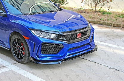 Blue Honda Civic with glossy RS style front bumper and black front lip installed, featuring mesh grilles and red emblem for a sporty, custom appearance – OneCarWorld