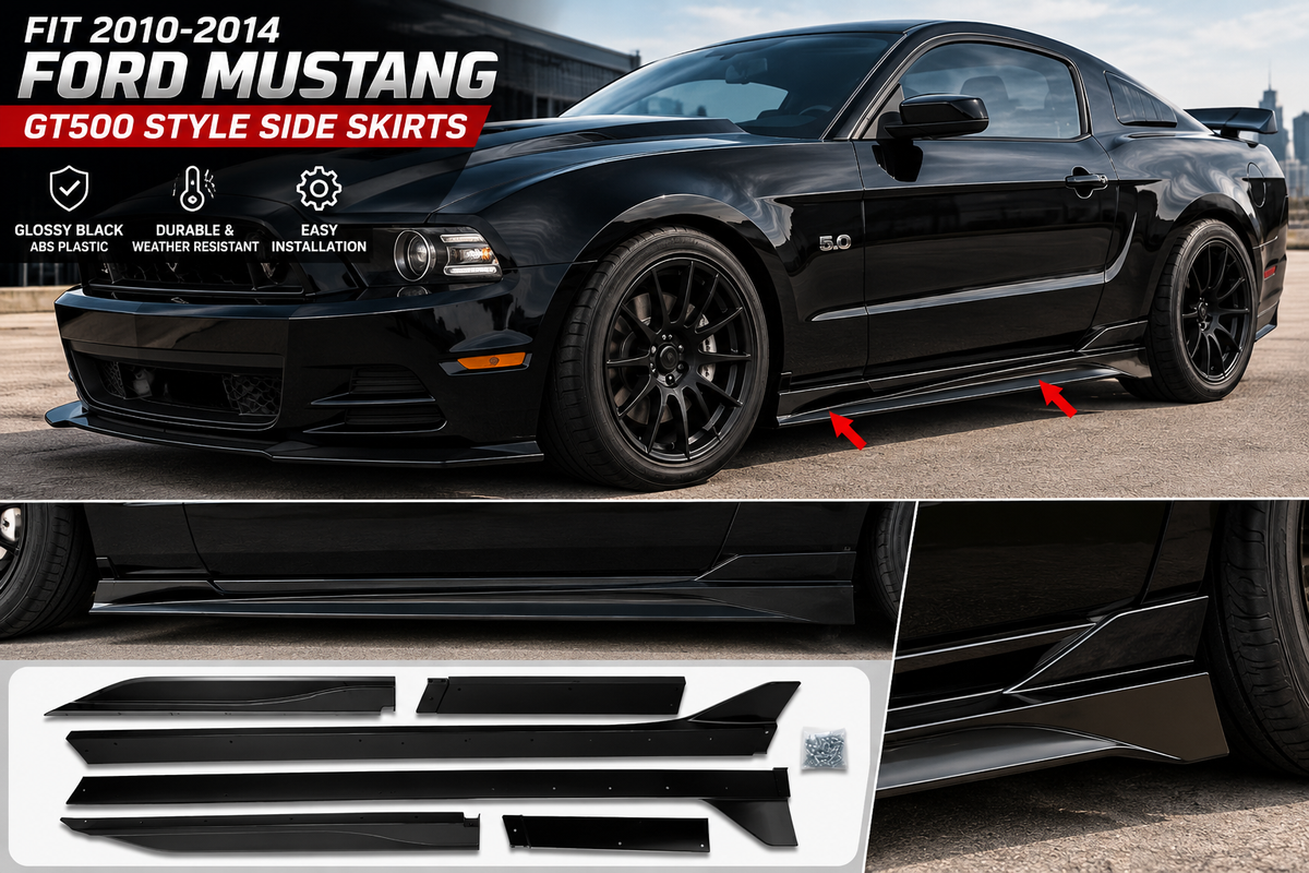 Ford Mustang GT500 Style 
2010-2014 Glossy Black Side Skirts  for all trims Onecarworld