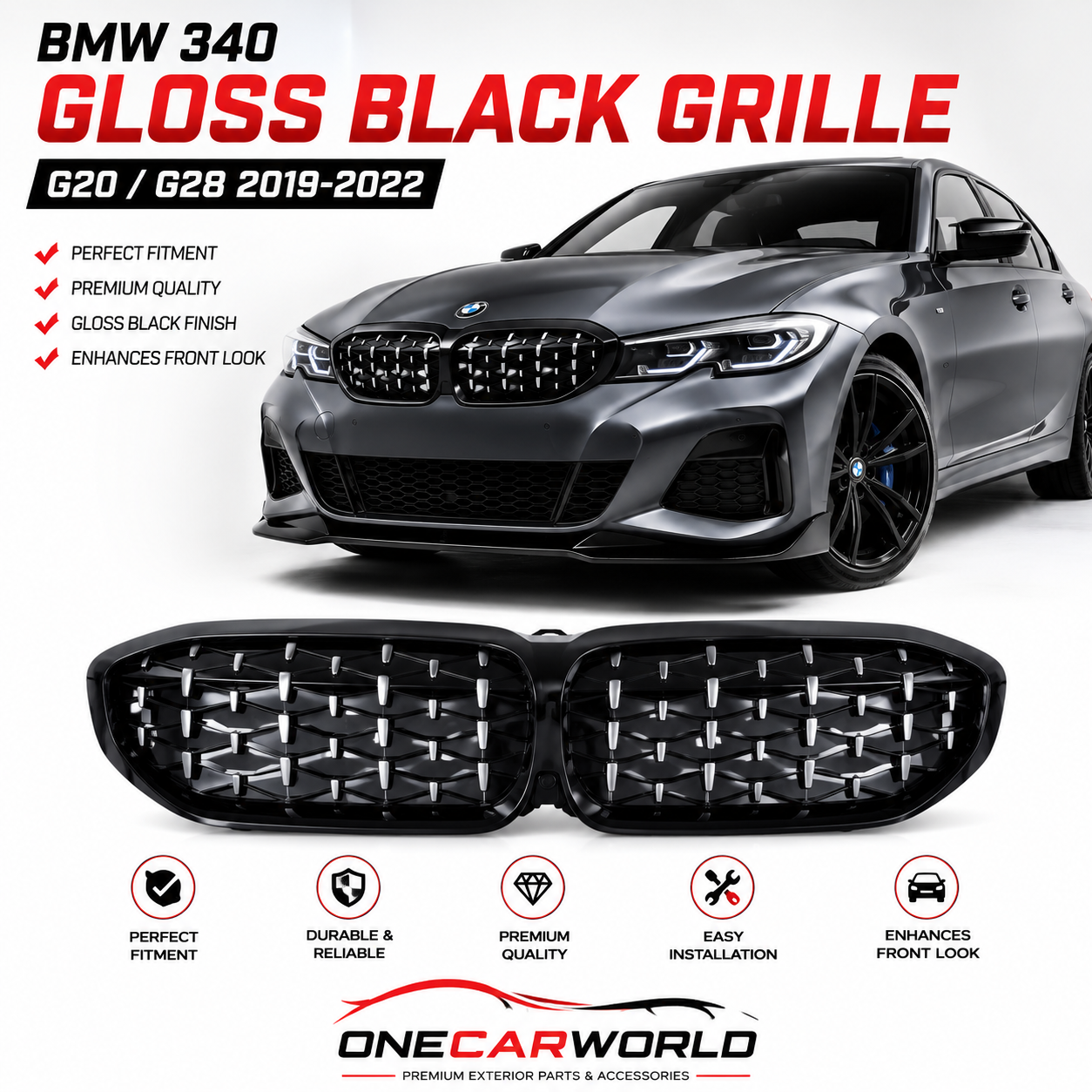 BMW 3 Series G20 G28 2019-2022 Diamond Front Kidney Grille Silver Replacement Grills Onecarworld