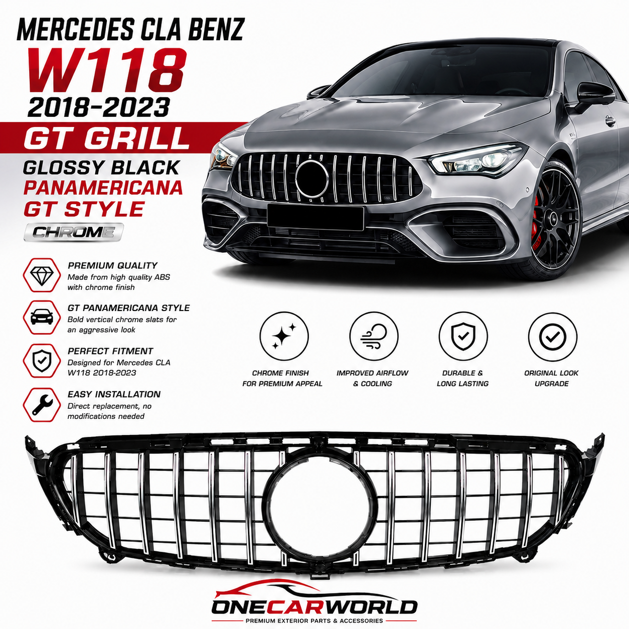 Mercedes-Benz CLA W118 2018-2023 GT Panamericana Front Grille Gloss Black Chrome Onecarworld