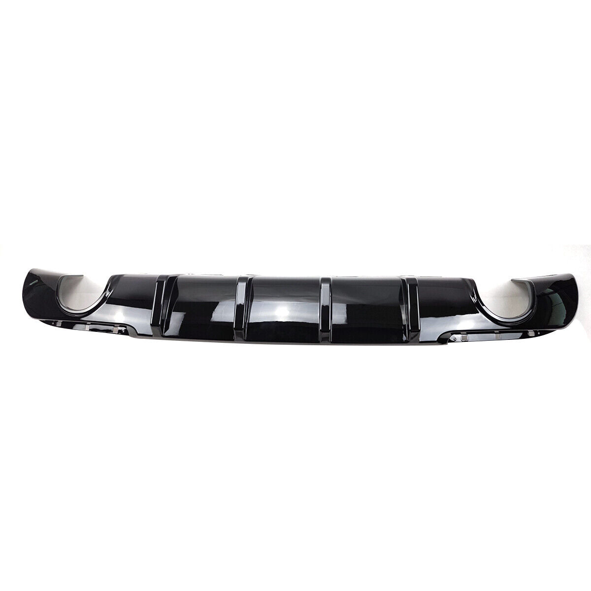 Glossy black rear diffuser with shark fin design and round tip cutouts for Chrysler 2012–2015, aerodynamic rear bumper accessory.